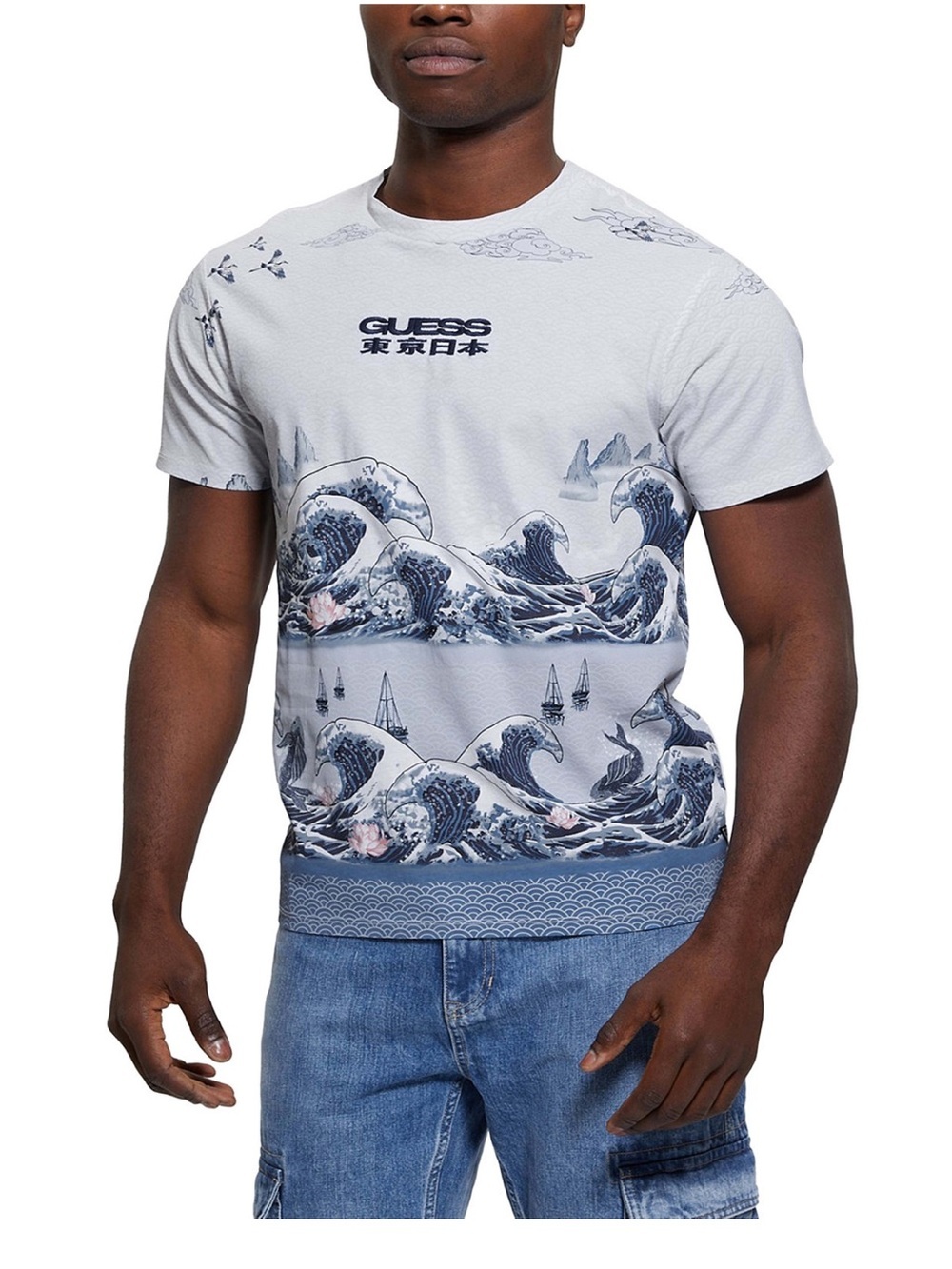 New GUESS Light Blue Graphic Wave Print Crewneck Tee SZ L
